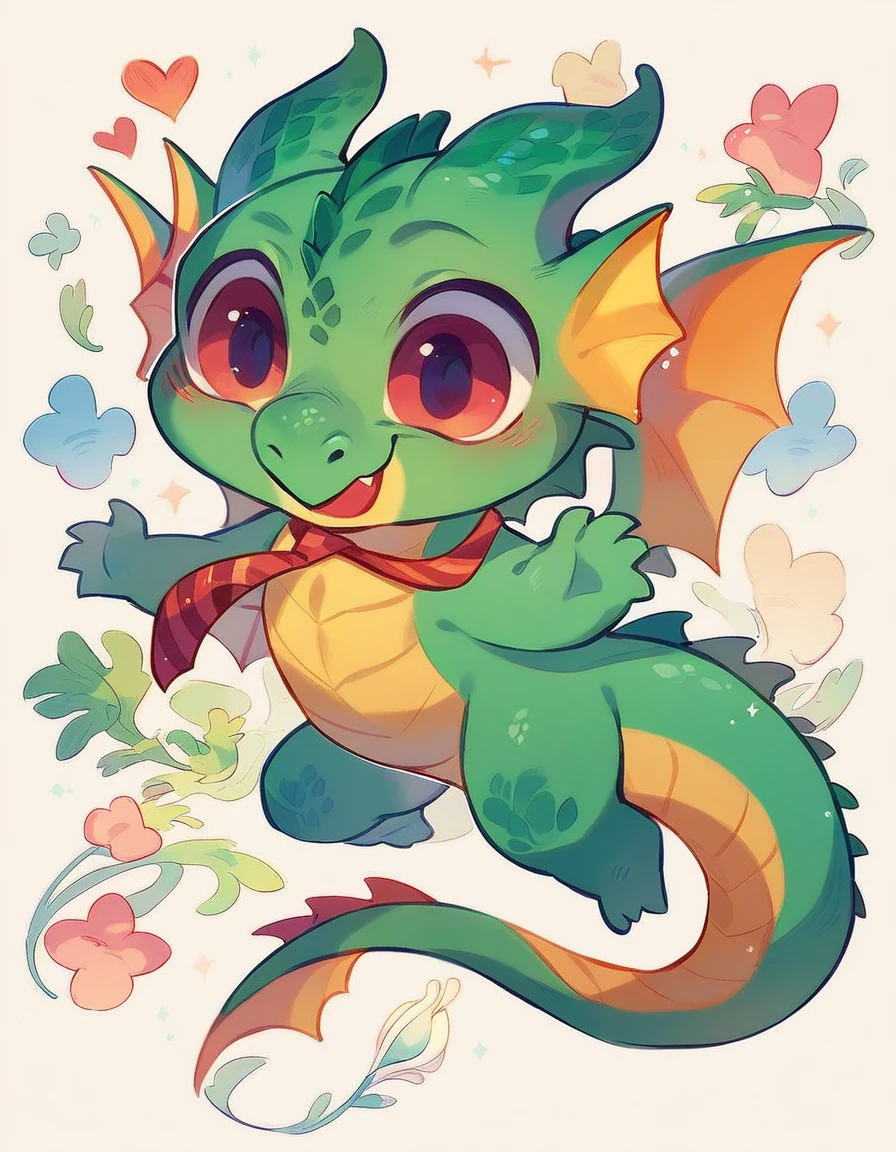 high quality, (dragon), (cute little Dragon), (cartoon:1.3),(((chibi:1.2))),(pixar style:1.2),(cute expression:1.1), ((((red with yellowish colors)))), he wears a gold tie, (((applause pose))), white background, full body, very cute, floating