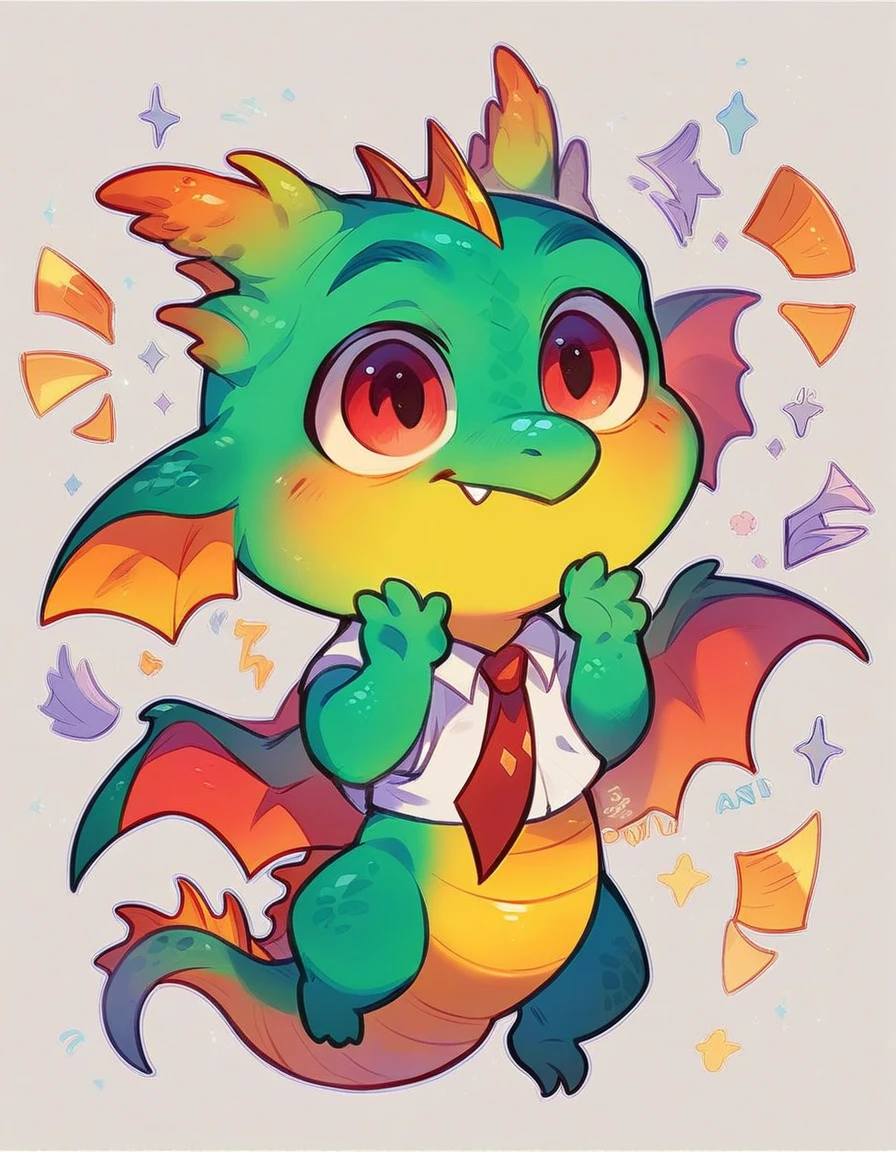 high quality, (dragon), (cute little Dragon), (cartoon:1.3),(((chibi:1.2))),(pixar style:1.2),(cute expression:1.1), ((((red with yellowish colors)))), he wears a gold tie, (((applause pose))), white background, full body, very cute, floating