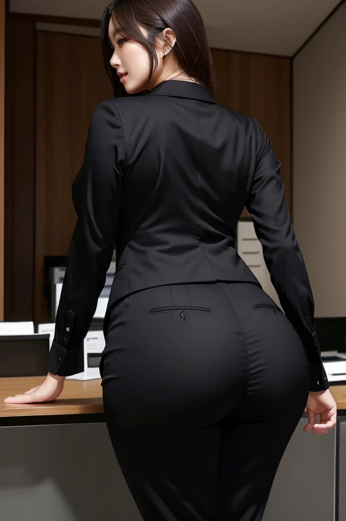 Super Beautiful Office Lady、(Plump ass)、Y shirt、Black suitpants、posterior view、(((ultra best quality, ​masterpiece))), (((ighly detailed)))