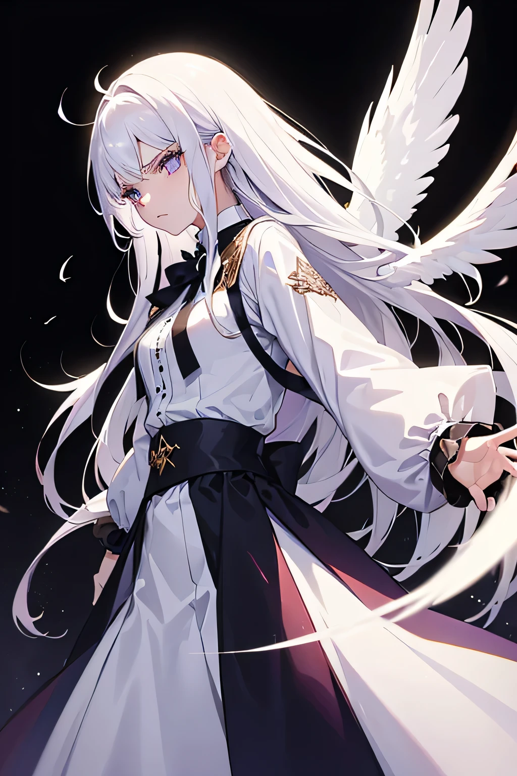 A girl with angel wings, long white hair, purples eyes. Angry face. Elegant clothes. Dark background.
