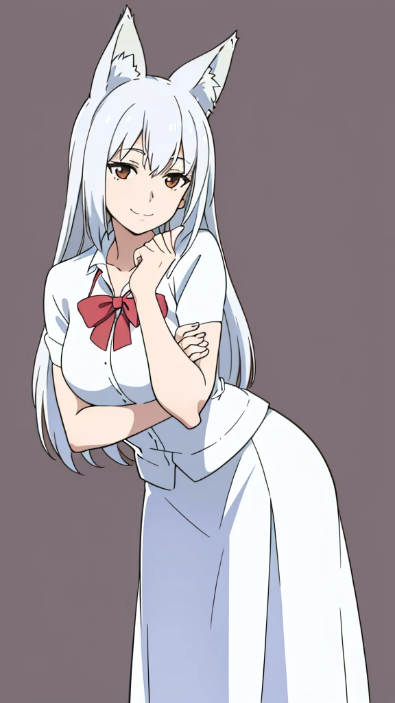 1girl ,solo,20s,mature female,white hair,long hair,fox ears,(simple background),white shirt,white skirt,smile,