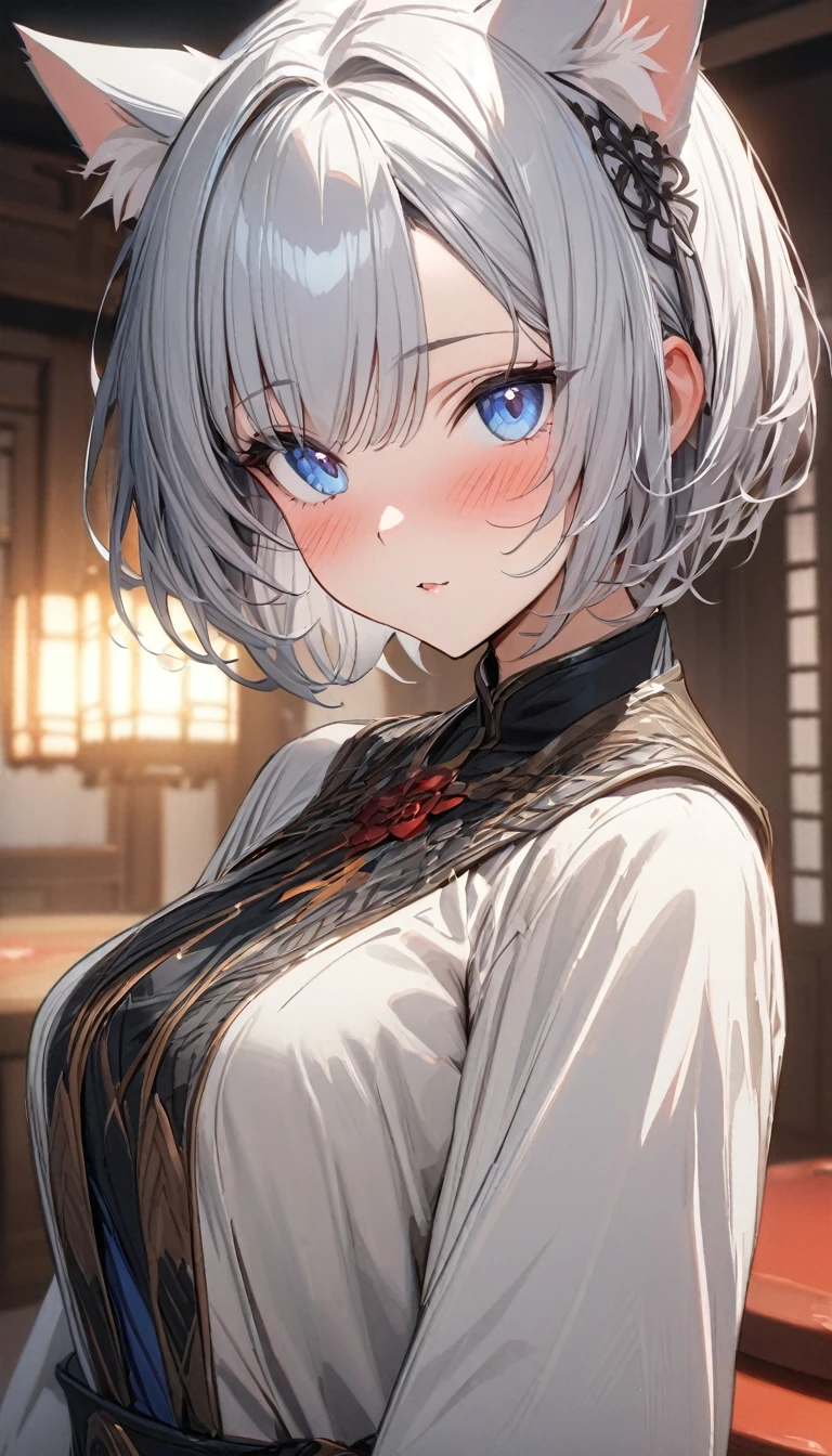 ((perfect anatomy:1.3,realistic:1.3,masterpiece、highest quality、Ultra - High resolution、High resolution、Highly detailed CG、8K)), 1girl, Silver hair, short hair, light blue eyes, beautiful girl, Japanese, drawn in the style of Japanese anime,