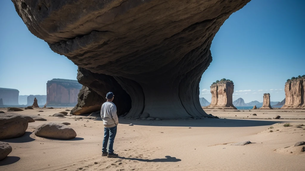 I want it to be a normal-sized person, but in the image it will be small compared to the large rock formations that are close to it