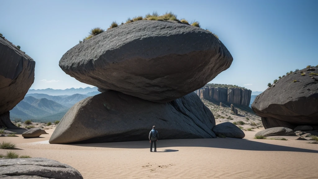 I want it to be a normal-sized person, but in the image it will be small compared to the large rock formations that are close to it