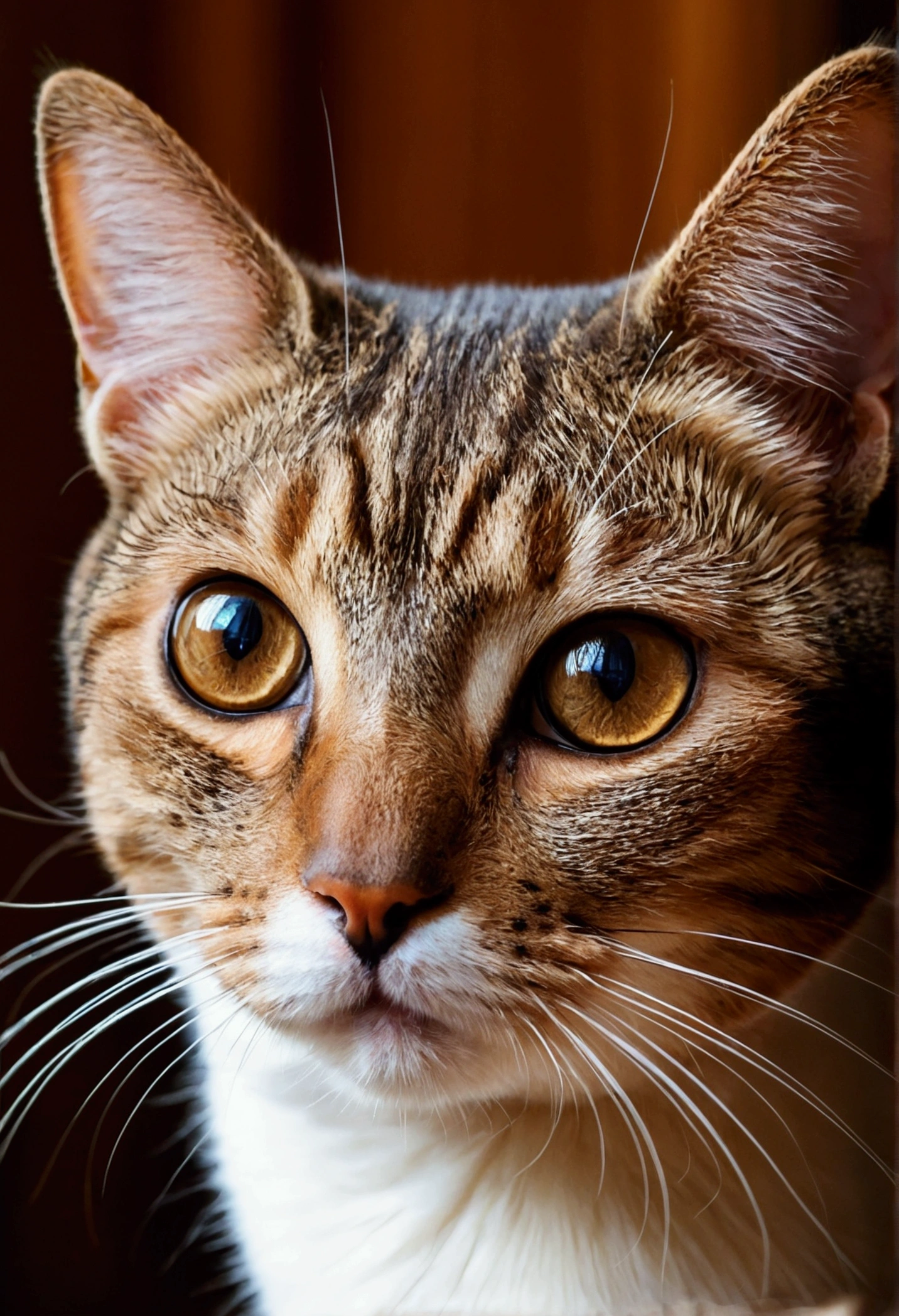 A cat with big brown eyes.