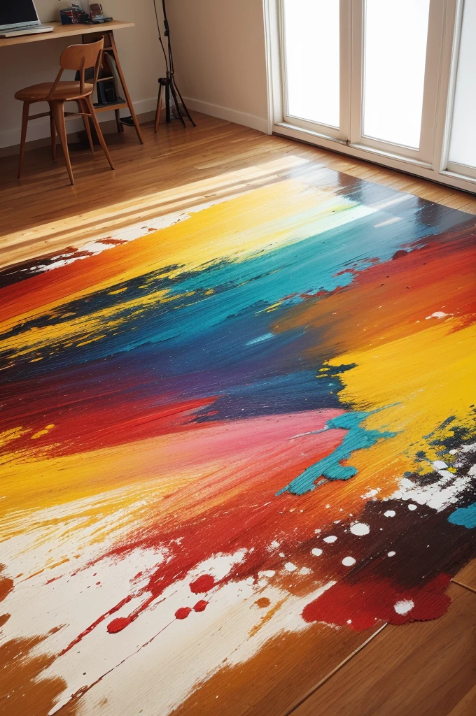 Make an art studio background with paints and brushes on the floor showing the floor 