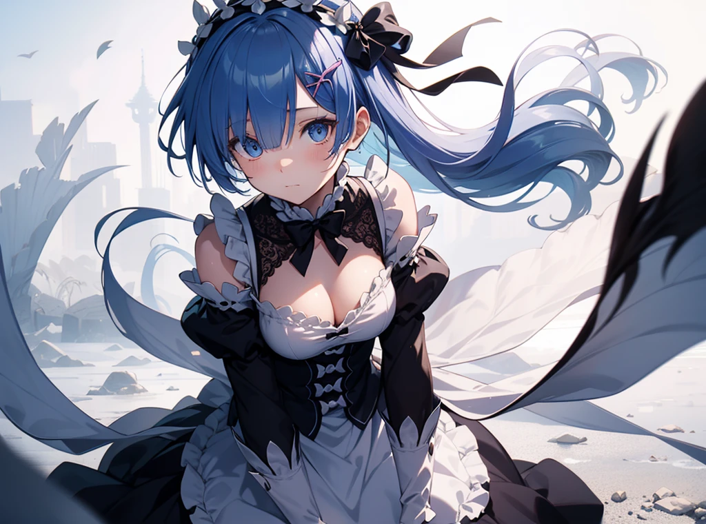 Create a full-body illustration of Rem from Re:Zero that is exceptionally cute and visually stunning. Focus on intricate details and a sense of realism. Rem should have her signature blue hair styled neatly, with large, expressive eyes that convey warmth and depth. Emphasize her delicate and flawless facial features, ensuring her skin appears smooth and translucent with a natural glow. She should be wearing her iconic maid outfit, complete with detailed lace and frills. The entire outfit should be meticulously rendered to showcase its texture and design. Position her in a graceful and natural pose that complements her gentle personality. The background should be soft and complementary, enhancing her ethereal and gentle appearance. Use high-quality textures and lighting to bring out the transparency and realism in her skin, giving her an almost magical aura. This illustration should be a masterpiece, capturing the essence of Rem in every detail.