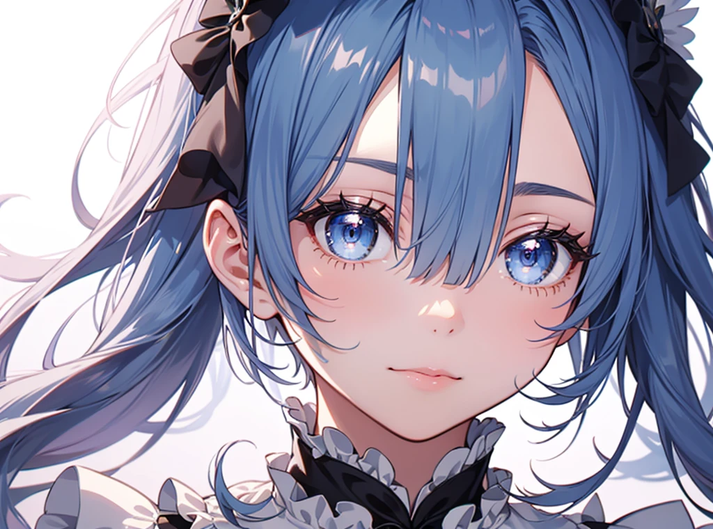 Create a full-body illustration of Rem from Re:Zero that is exceptionally cute and visually stunning. Focus on intricate details and a sense of realism. Rem should have her signature blue hair styled neatly, with large, expressive eyes that convey warmth and depth. Emphasize her delicate and flawless facial features, ensuring her skin appears smooth and translucent with a natural glow. She should be wearing her iconic maid outfit, complete with detailed lace and frills. The entire outfit should be meticulously rendered to showcase its texture and design. Position her in a graceful and natural pose that complements her gentle personality. The background should be soft and complementary, enhancing her ethereal and gentle appearance. Use high-quality textures and lighting to bring out the transparency and realism in her skin, giving her an almost magical aura. This illustration should be a masterpiece, capturing the essence of Rem in every detail.