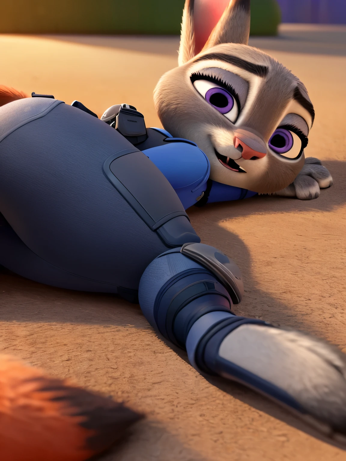 By disney pixar, 3d, duo, by qupostuv35, macro, ((judy hopps, lying face down)), female, zootopia, Police uniform, thigh crushing, (break, (micro fox head between Judy's thighs)), butt