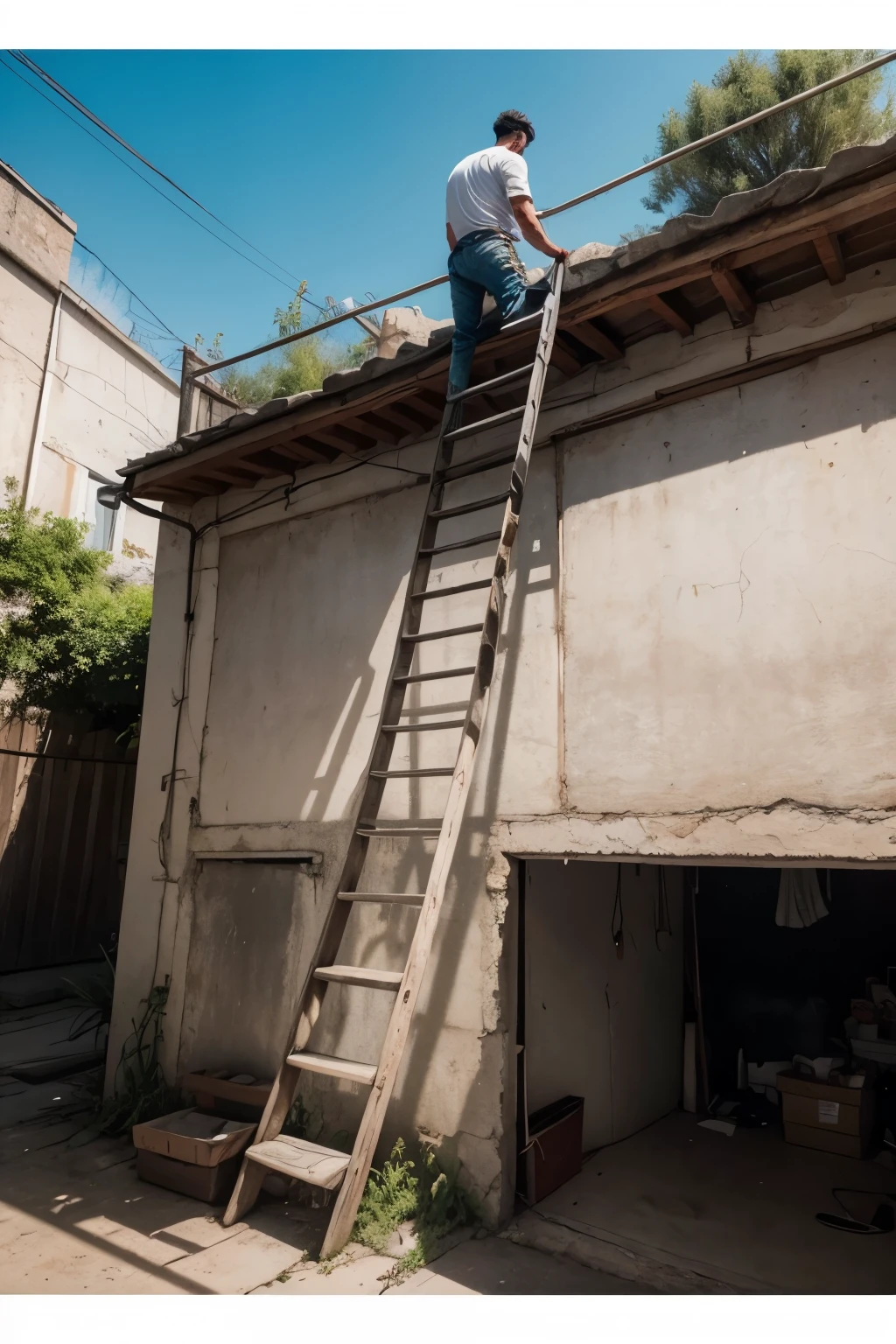 image of overcoming persistent and strong man without legs and arms climbing a ladder in search of his dreams using his own teeth to achieve his goal while envious people try to hinder him and hinder his success