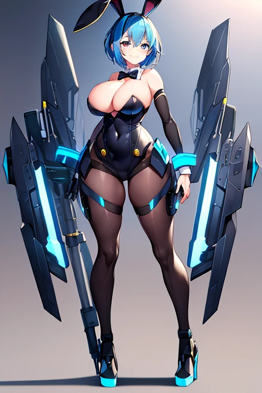 1girl, blue hair, large breasts, bunny ears, rabbit ears, wide hips, bodysuit, black bodysuit, short hair, very short hair, science-fiction, tech, futuristic, machinery, full body, ((full body)), smile, light smile, robot girl, drone, high heels,