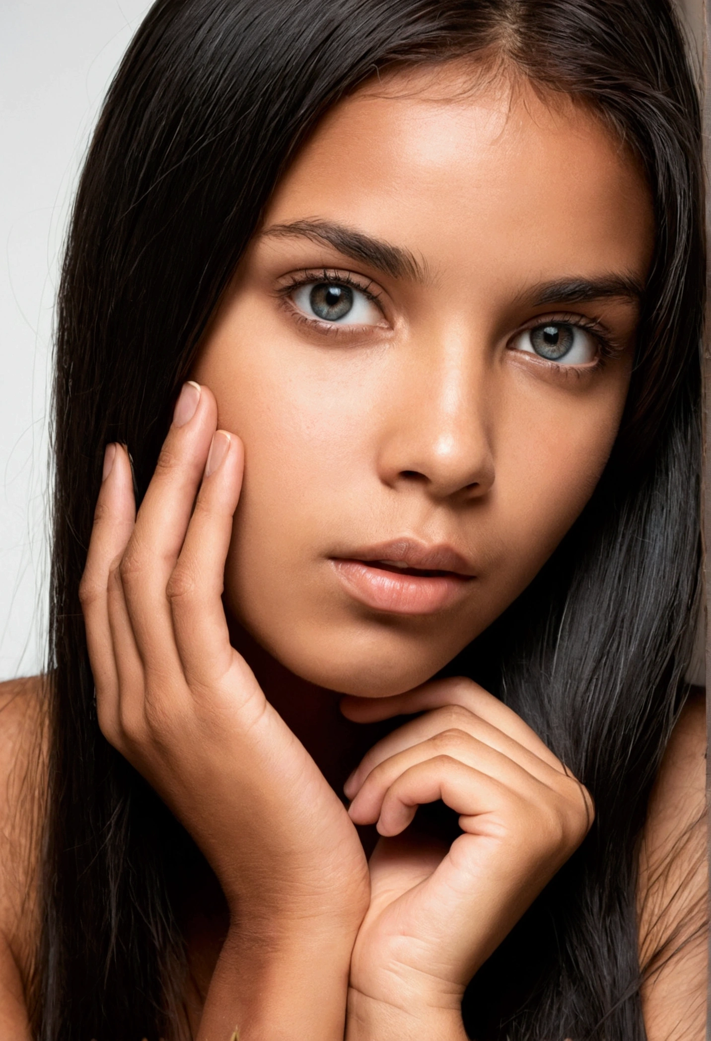 Le portrait représente une jeune fille séduisante aux cheveux noirs. Sa peau légèrement foncée contraste magnifiquement avec ses cheveux d'un noir profond, lui donnant un air mystérieux et captivant. Ses yeux brillants, peut-être d'un brun intense, ajoutent une touche de profondeur à son expression. Ses traits délicats et son regard assuré captivent immédiatement l'attention