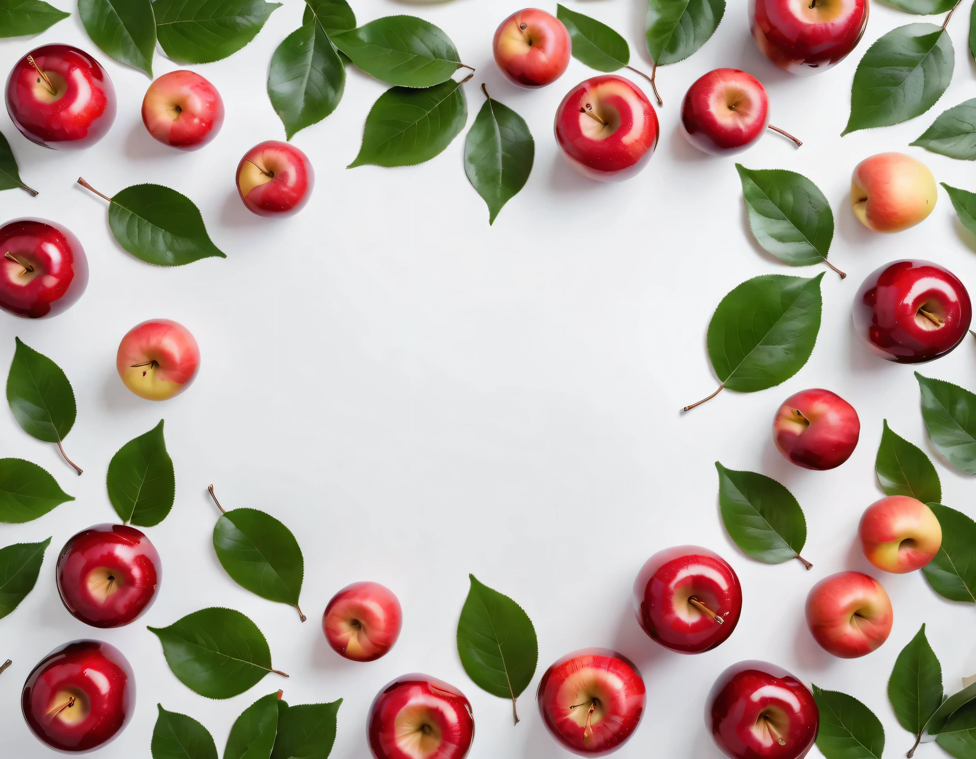 White background, mop leaves, and ripe red apples are all over the corners of the white background,