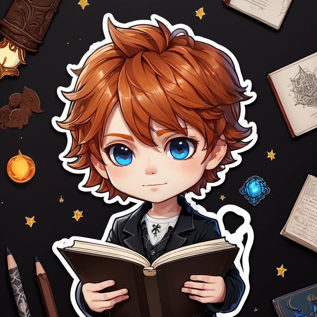 a sticker,boy with ginger hair, blue colored eyes, medium hair, dark look, magic, with a drawing book, drawing image, simple background, Cute cartoon, Gothic style, chibi style, highy detailed, highest quallity, high details, work of art, black leagwear