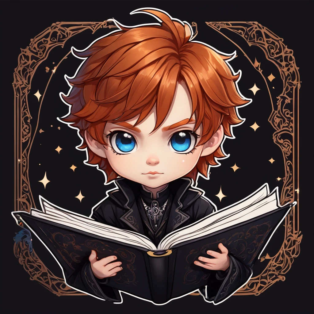 a sticker，boy with ginger hair, blue colored eyes, medium hair, dark look, magic, with a drawing book, drawing image, simple background, Cute cartoon, Gothic style, chibi style, highy detailed, highest quallity, high details, work of art, black leagwear