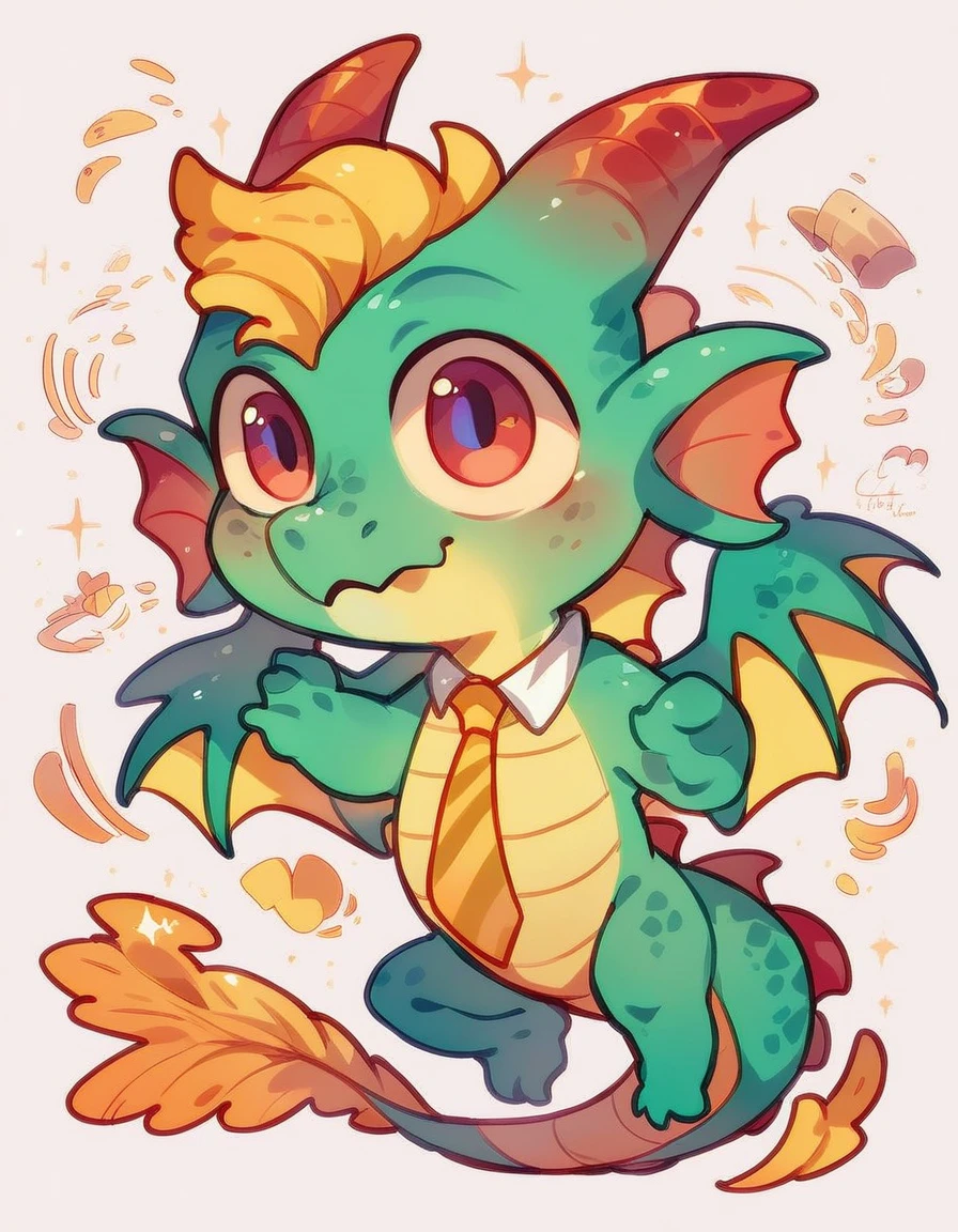 high quality, (dragon), (cute little Dragon), (cartoon:1.3),(((chibi:1.2))),(pixar style:1.2),(cute expression:1.1), ((((red with yellowish colors)))), he wears a gold tie, (((applause pose))), white background, full body, very cute, floating