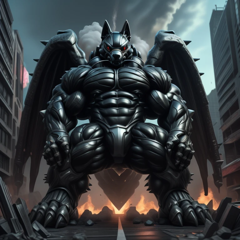 (masterpiece. official art. 8k. best quality. detailed full body. full body.)
(situation 1 : dominating mega lucario. focus GIANT mechanical Muscular mega lucario is trampling the CITY. macro. stomp. Low-angle perspective. emphasizing the immense size. The perspective is from below, emphasizing the sheer majesty and power of the Giant. giant art. He is much bigger than a skyscraper. Giga Giants. micro soccer field. looking down.)

(situation 2 :smoke and flames rising from the destruction in the city)

(Additional details 1: wearing a full-face helmet. helmet is jet black. The color of NANOSUIT is jet black. high-tech bio-mecha armor. real texture material. whole body shines like metal. Wearing cyberpunk mecha. emphasizes the muscles. suit fully made of metal. intricate armor. Robotic suit. suit fully made of metal. no face.). (mega lucario has 5 toes.) Wearing a Full Face Toxic Gas Mask. no blue.
An arrogant expression.
smile at the corner of your mouth.

(Additional details 2: (Detailed head. Detailed Body. Detailed abs. gigantic muscles. HYPER MUSCLES. Gigachad Muscular. big muscle. pecs. triceps. traps. unusually developed muscular body. body full of huge muscles. showing off muscles. pectorales enormes. Exaggeratedly huge muscles. huge muscles. long legs.).

(Additional details 3: nj5furry, Spread wings. It has wings. black have big wings. The claws are sharp. Sharp teeth.5 toes.).  Wearing a Full Face Toxic Gas Mask. 