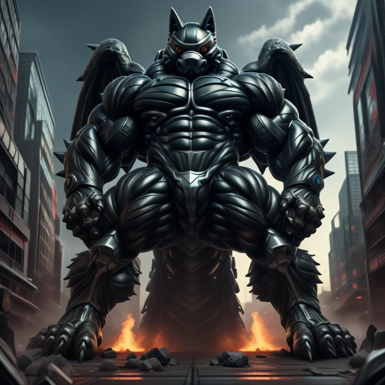 (masterpiece. official art. 8k. best quality. detailed full body. full body.)
(situation 1 : dominating mega lucario. focus GIANT mechanical Muscular mega lucario is trampling the CITY. macro. stomp. Low-angle perspective. emphasizing the immense size. The perspective is from below, emphasizing the sheer majesty and power of the Giant. giant art. He is much bigger than a skyscraper. Giga Giants. micro soccer field. looking down.)

(situation 2 :smoke and flames rising from the destruction in the city)

(Additional details 1: wearing a full-face helmet. helmet is jet black. The color of NANOSUIT is jet black. high-tech bio-mecha armor. real texture material. whole body shines like metal. Wearing cyberpunk mecha. emphasizes the muscles. suit fully made of metal. intricate armor. Robotic suit. suit fully made of metal. no face.). (mega lucario has 5 toes.) Wearing a Full Face Toxic Gas Mask. no blue.
An arrogant expression.
smile at the corner of your mouth.

(Additional details 2: (Detailed head. Detailed Body. Detailed abs. gigantic muscles. HYPER MUSCLES. Gigachad Muscular. big muscle. pecs. triceps. traps. unusually developed muscular body. body full of huge muscles. showing off muscles. pectorales enormes. Exaggeratedly huge muscles. huge muscles. long legs.).

(Additional details 3: nj5furry, Spread wings. It has wings. black have big wings. The claws are sharp. Sharp teeth.5 toes.).  Wearing a Full Face Toxic Gas Mask. 