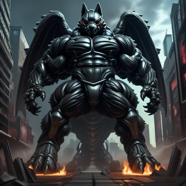 (masterpiece. official art. 8k. best quality. detailed full body. full body.)
(situation 1 : dominating mega lucario. focus GIANT mechanical Muscular mega lucario is trampling the CITY. macro. stomp. Low-angle perspective. emphasizing the immense size. The perspective is from below, emphasizing the sheer majesty and power of the Giant. giant art. He is much bigger than a skyscraper. Giga Giants. micro soccer field. looking down.)

(situation 2 :smoke and flames rising from the destruction in the city)

(Additional details 1: wearing a full-face helmet. helmet is jet black. The color of NANOSUIT is jet black. high-tech bio-mecha armor. real texture material. whole body shines like metal. Wearing cyberpunk mecha. emphasizes the muscles. suit fully made of metal. intricate armor. Robotic suit. suit fully made of metal. no face.). (mega lucario has 5 toes.) Wearing a Full Face Toxic Gas Mask. no blue.
An arrogant expression.
smile at the corner of your mouth.

(Additional details 2: (Detailed head. Detailed Body. Detailed abs. gigantic muscles. HYPER MUSCLES. Gigachad Muscular. big muscle. pecs. triceps. traps. unusually developed muscular body. body full of huge muscles. showing off muscles. pectorales enormes. Exaggeratedly huge muscles. huge muscles. long legs.).

(Additional details 3: nj5furry, Spread wings. It has wings. black have big wings. The claws are sharp. Sharp teeth.5 toes.).  Wearing a Full Face Toxic Gas Mask. 