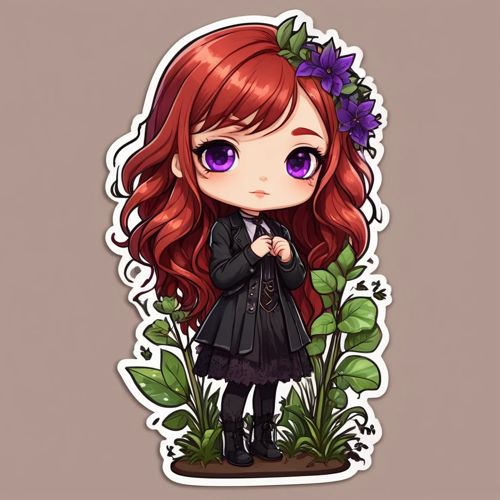 a sticker,girl with red hair, light black skin, purple colored eyes, long hair, plants, magie, drawing image, simple background, Cute cartoon, Gothic style, chibi style, highy detailed, highest quallity, high details, work of art, black leagwear