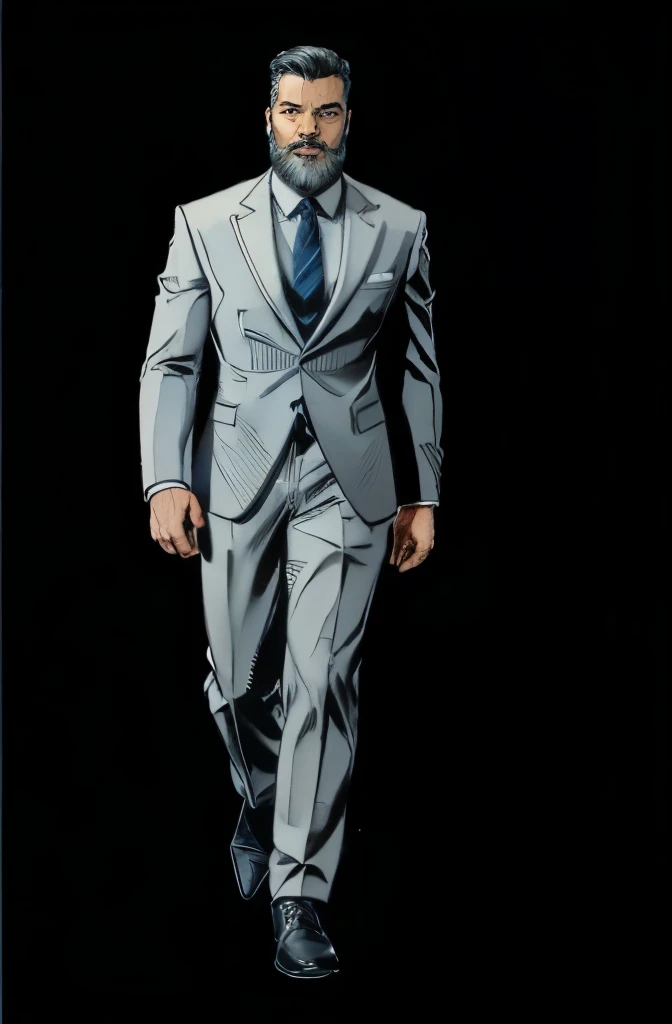 man looking at viewer, style marvel comics, full height body, front view, beautiful, square face,kindly smiling,detailed white beard,detailed face,short white haircut,wearing business suit,dark blue tie,gray pants,black shoes,white background,masterpiece,photorealistic,ultra-detailed,vibrant colors