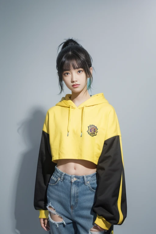 , girl, green blue hair, standing and holding a red and black samurai behind her. She is wearing a yellow cropped hoodie, blue jeans with frayed hems, and black sneakers. Her hair is styled in a high ponytail with bangs framing her face. She has a cheerful expression and stands against a plain light gray background.