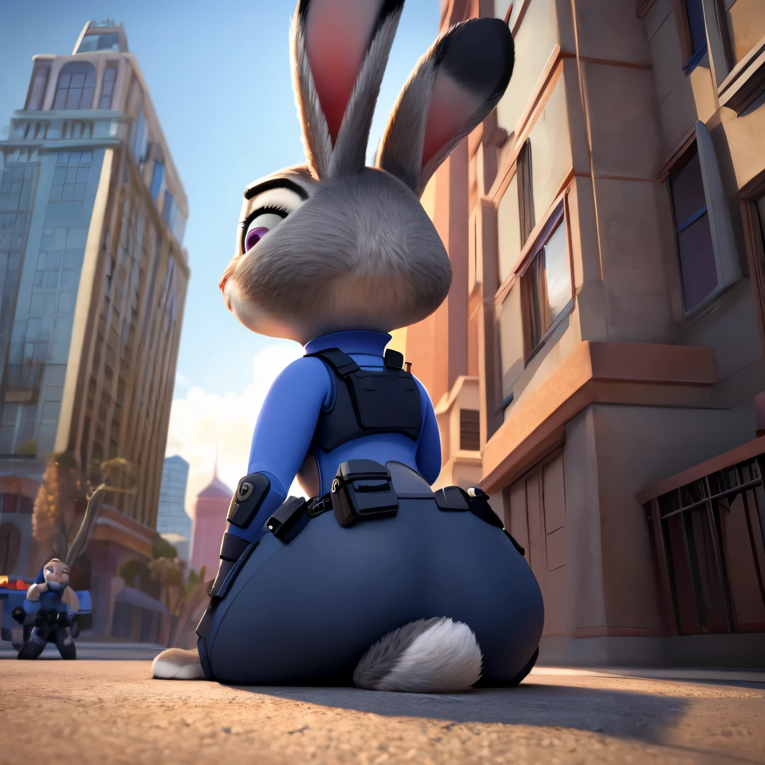 By disney pixar, 3d, by qupostuv35, macro, ((judy hopps)), female, zootopia, Police uniform, thigh crushing, back