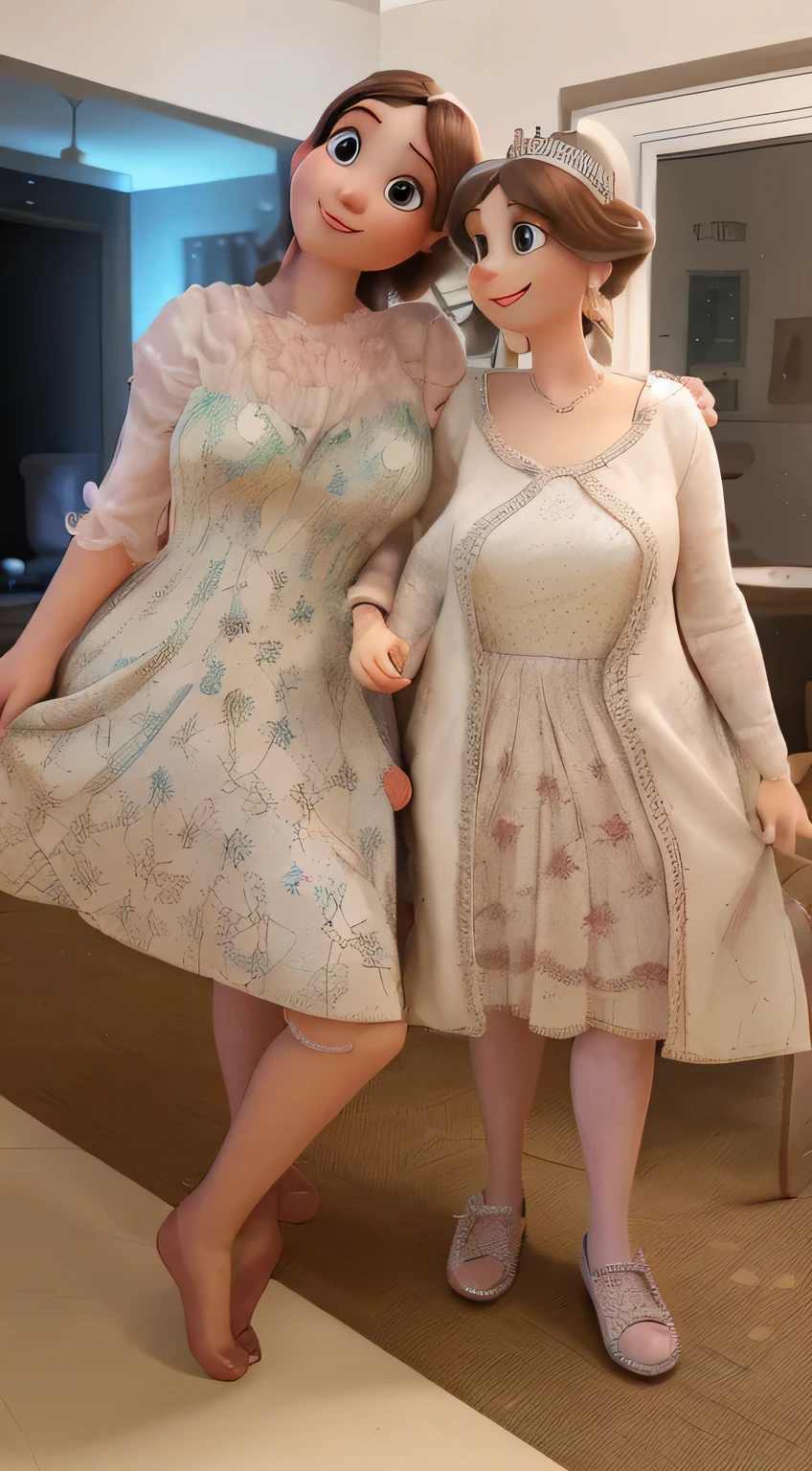 transform the image of mother and daughter into disney pixar style, the mother is a nice little lady and the daughter is as beautiful as a princess, make the eyes smaller and adjust the proportion of the face