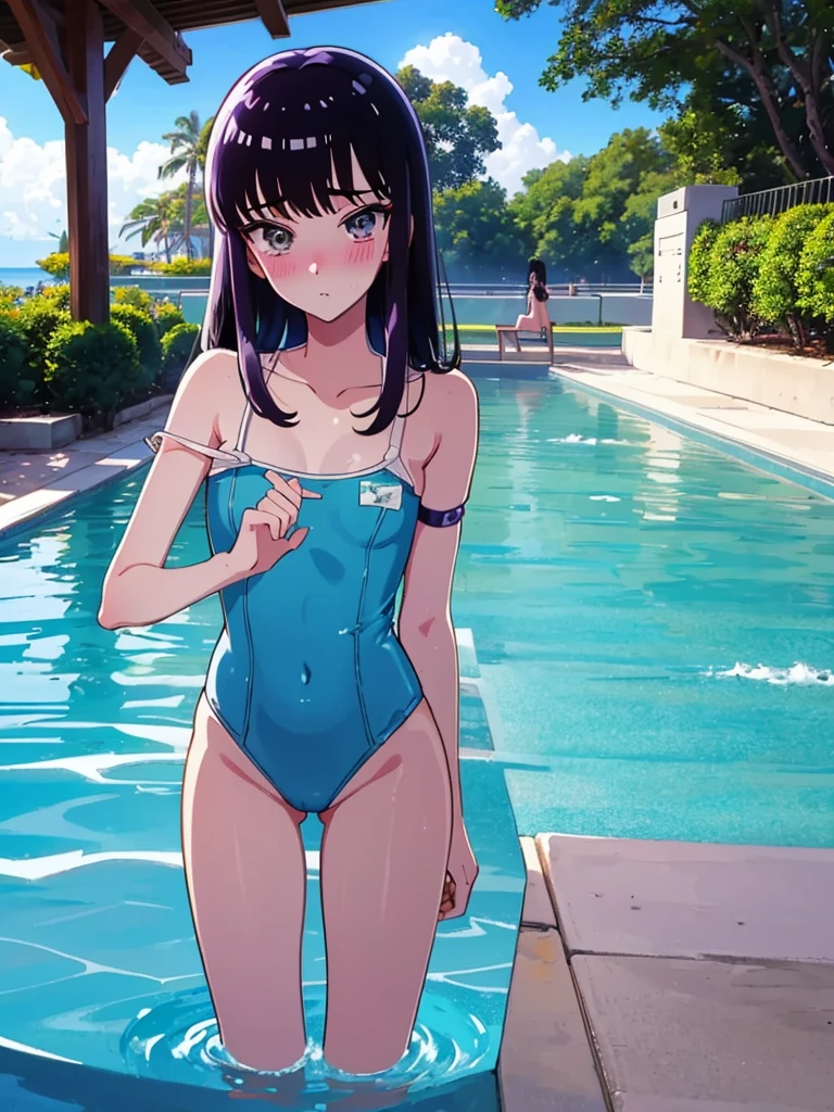 ランダムなポーズ、Random patterned swimsuit、Swimsuit,,Blushing、Pale brown eyes、Dark purple hair、Semi-long hair、Head to toe full body、Blushing、Embarrassed look、Composition from the front、A view from slightly below、school swimwear、Acme Face、Random pose、, 、nsfw、Highest quality、1 girl、solo、Ocean、Sandy Beach、Sexy pose、Random pose、Blushing、wet、Embarrassed、I can see half of my 、、One piece swimsuit、(Strap slip:1.3)、Swimsuit