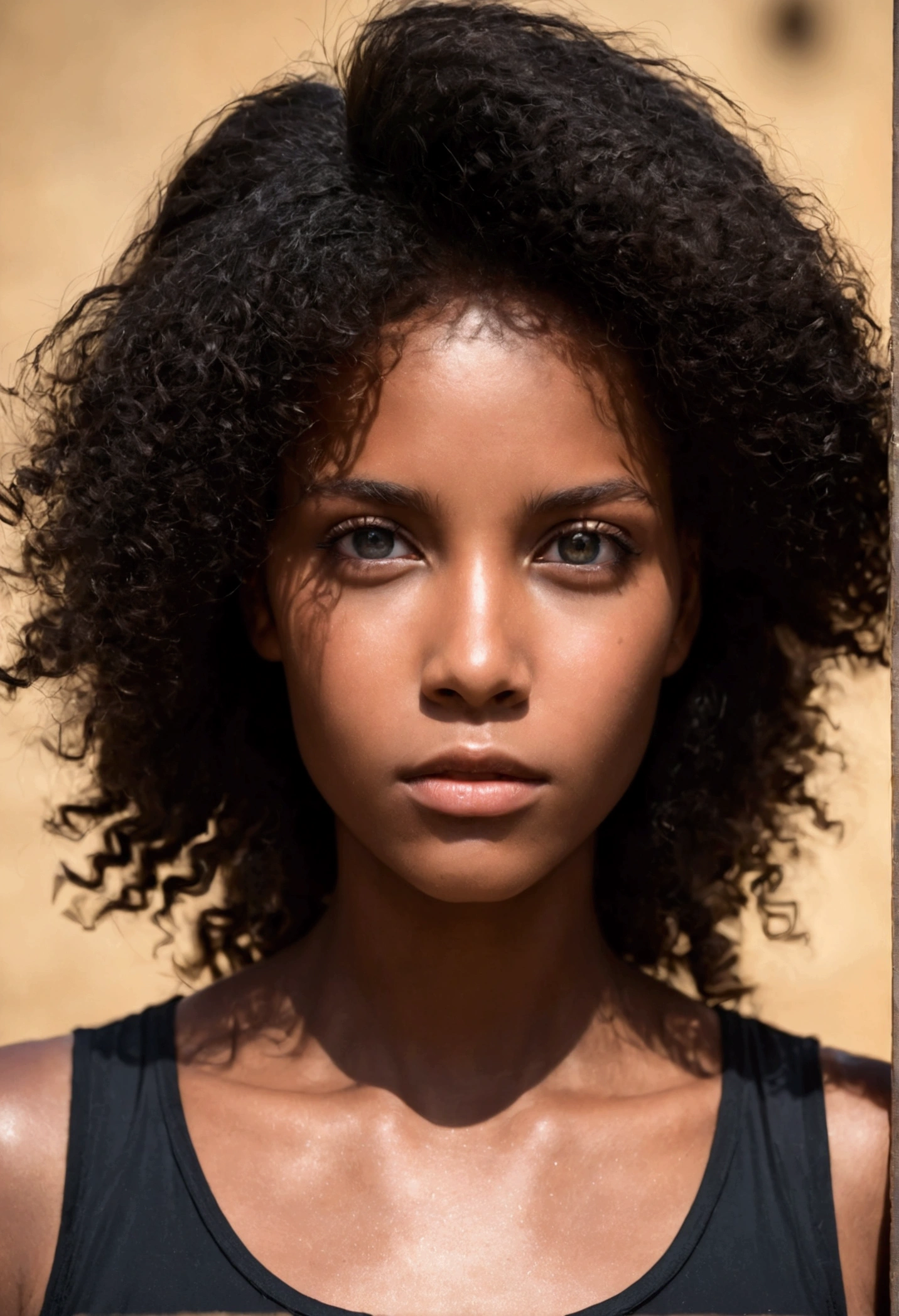 Le portrait représente une jeune fille séduisante aux cheveux noirs. Sa peau légèrement foncée contraste magnifiquement avec ses cheveux d'un noir profond, lui donnant un air mystérieux et captivant. Ses yeux brillants, peut-être d'un brun intense, ajoutent une touche de profondeur à son expression. Ses traits délicats et son regard assuré captivent immédiatement l'attention