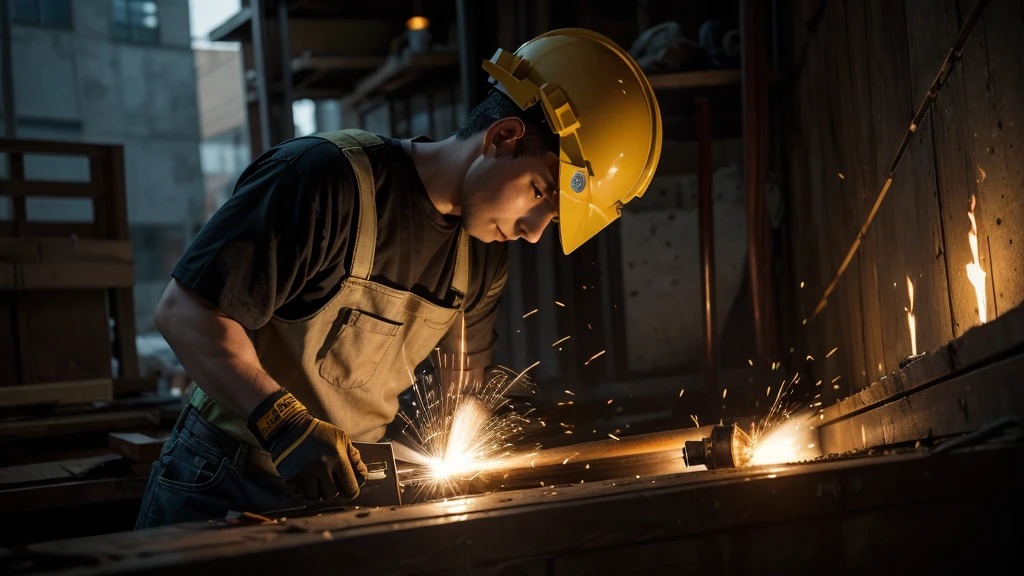 A construction worker using a welding torch to join metal parts together
