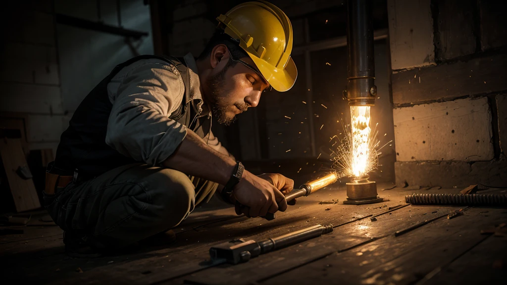 A construction worker using a welding torch to join metal parts together