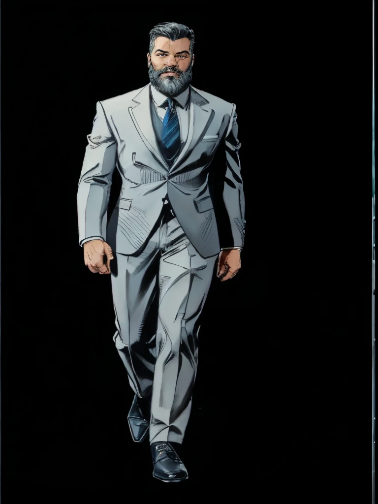 man looking at viewer, style marvel comics, full height body, front view, beautiful, square face,kindly smiling,detailed white beard,detailed face,short white haircut,wearing business suit,dark blue tie,gray pants,black shoes,white background,masterpiece,photorealistic,ultra-detailed,vibrant colors