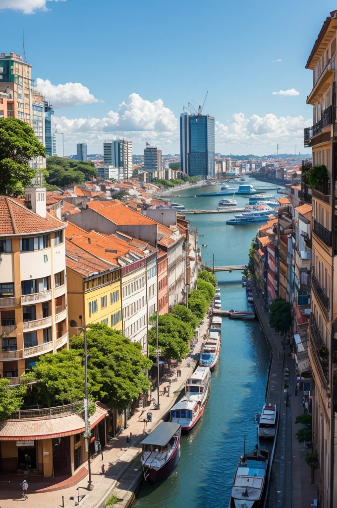 A vibrant cityscape of Porto Alegre, Rio Grande do Sul, Brazil. The scene features the famous Guaíba River with boats sailing on it, surrounded by lush greenery. In the background, there's a mix of modern and colonial architecture, showcasing iconic buildings like the Usina do Gasômetro and the Metropolitan Cathedral. The streets are bustling with people enjoying outdoor cafes, and the sky is clear and blue, highlighting the city's lively atmosphere