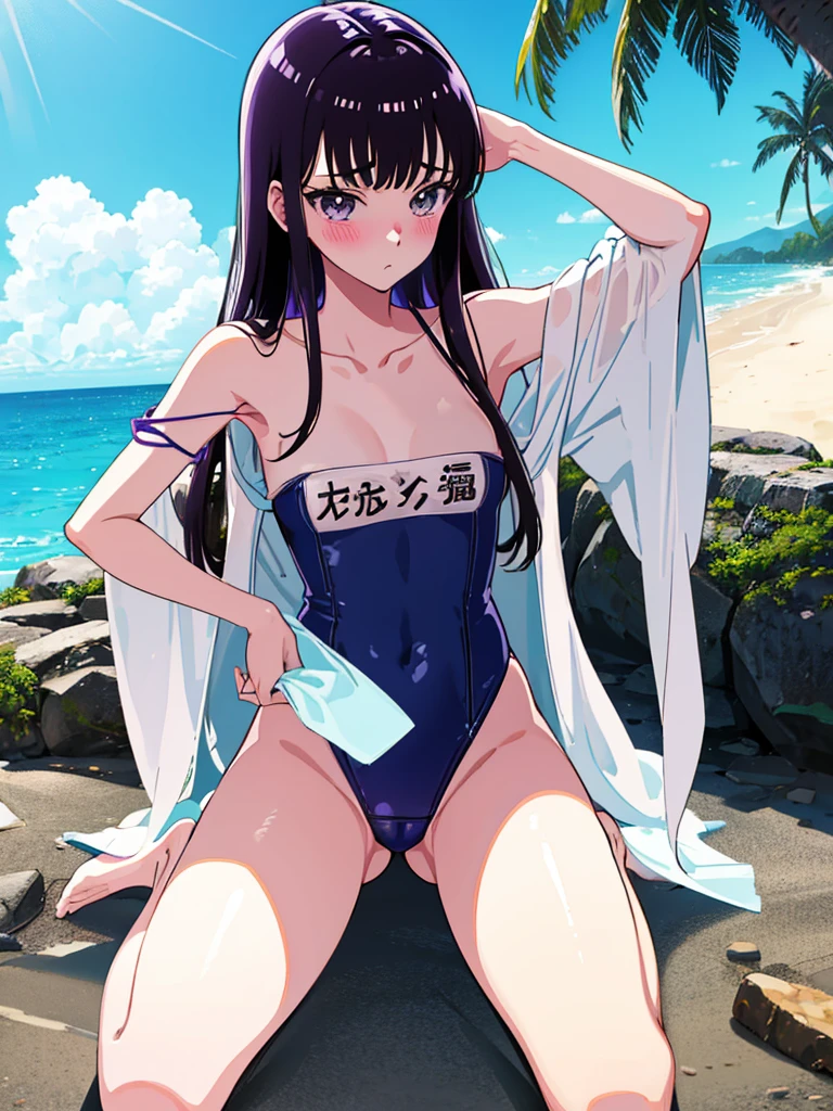 ランダムなポーズ、Random patterned swimsuit、Swimsuit,,Blushing、Pale brown eyes、Dark purple hair、Semi-long hair、Head to toe full body、Blushing、Embarrassed look、Composition from the front、A view from slightly below、school swimwear、Acme Face、Random pose、, 、nsfw、Highest quality、1 girl、solo、Ocean、Sandy Beach、Sexy pose、Random pose、Blushing、wet、Embarrassed、I can see half of my 、、One piece swimsuit、(Strap slip:1.3)、Swimsuit
