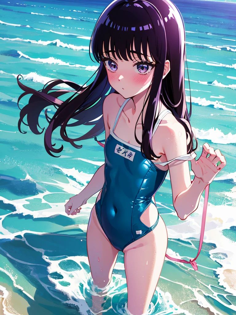 ランダムなポーズ、Random patterned swimsuit、Swimsuit,,Blushing、Pale brown eyes、Dark purple hair、Semi-long hair、Head to toe full body、Blushing、Embarrassed look、Composition from the front、A view from slightly below、school swimwear、Acme Face、Random pose、, 、nsfw、Highest quality、1 girl、solo、Ocean、Sandy Beach、Sexy pose、Random pose、Blushing、wet、Embarrassed、I can see half of my 、、One piece swimsuit、(Strap slip:1.3)、Swimsuit
