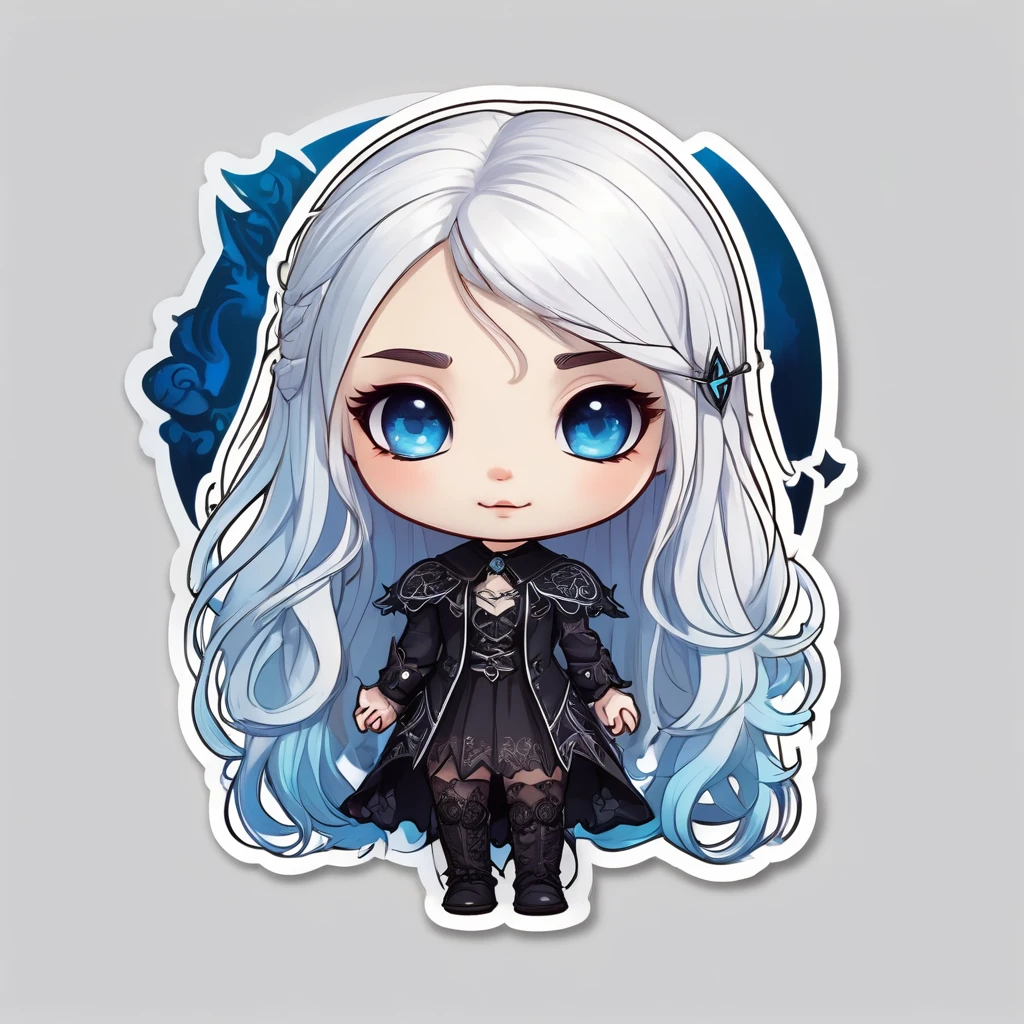 a sticker,girl with white hair, light skin, blue colored eyes, long hair, evilness, magie, drawing image, simple background, Cute cartoon, Gothic style, chibi style, highy detailed, highest quallity, high details, work of art, black leagwear
