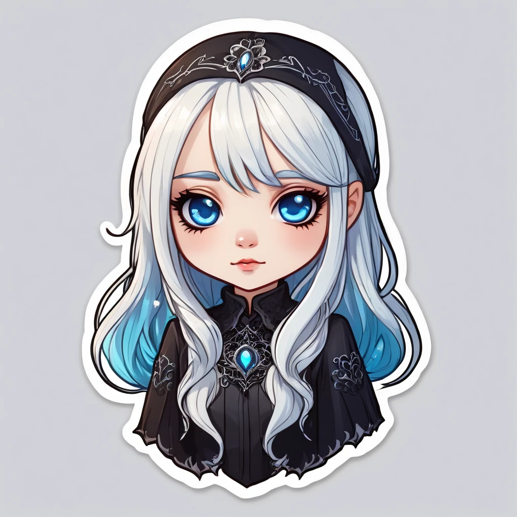 a sticker,girl with white hair, light skin, blue colored eyes, long hair, evilness, magie, drawing image, simple background, Cute cartoon, Gothic style, chibi style, highy detailed, highest quallity, high details, work of art, black leagwear