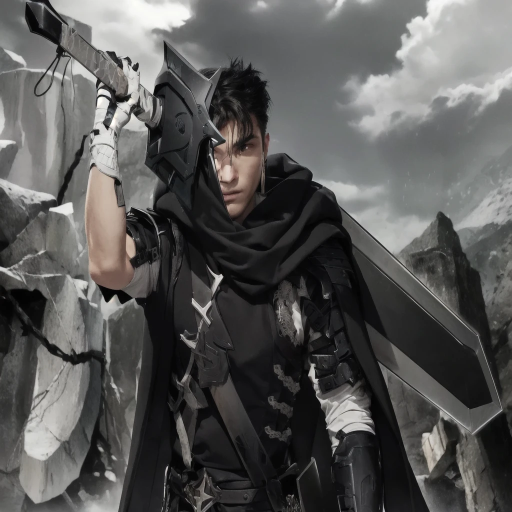 man, short black hair, blind right eye, black armor, big sword