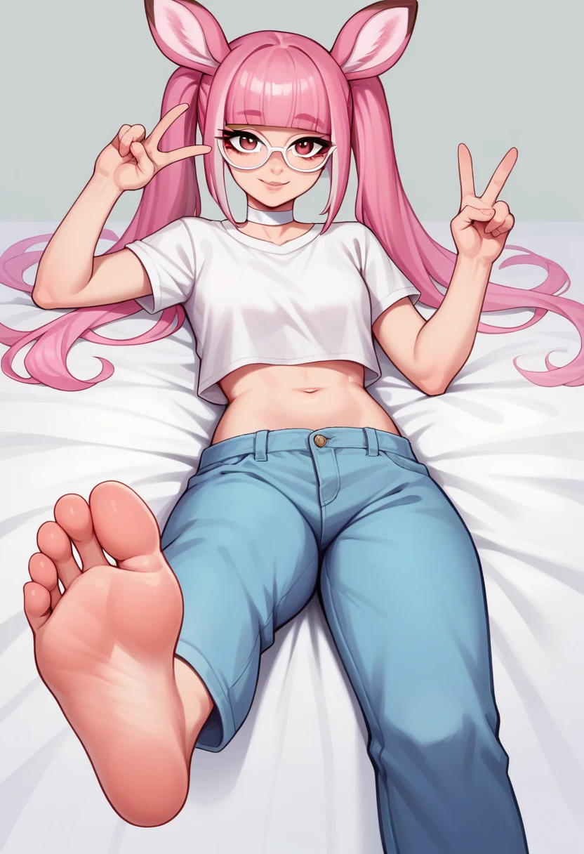 Masterpiece, pink deer animal ears, foot focus, foot fetish, perfect face, smile, vramslace, 1girl, solo, long hair, looking at viewer, bangs, shirt, navel, twintails, pink hair, perfect hair, glasses, white choker, midriff, pants, blunt bangs, two-tone hair, lips, crop top, v, grey background, t-shirt, white-framed eyewear, lying down in pink bed