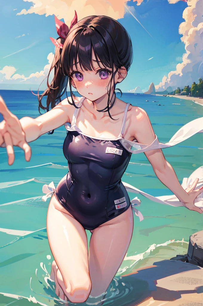 Random Swimsuit、Swimsuit,,Blushing、Black Hair、Side Ponytail、Pale purple eyes、Head to toe full body、Blushing、Embarrassed look、Composition from the front、A view from slightly below、school swimwear、Acme Face、Random pose、, 、nsfw、Highest quality、1 girl、solo、Ocean、Sandy Beach、Sexy pose、Random pose、Blushing、wet、Embarrassed、I can see half of my 、、One piece swimsuit、(Strap slip:1.3)、Swimsuits in random colors、 Swimsuit