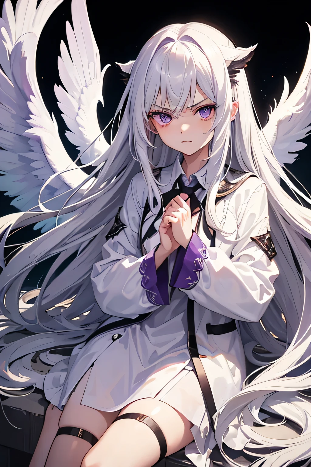 A girl with angel wings, long white hair, purples eyes. Angry face. Dirty clothes. Dark background.
