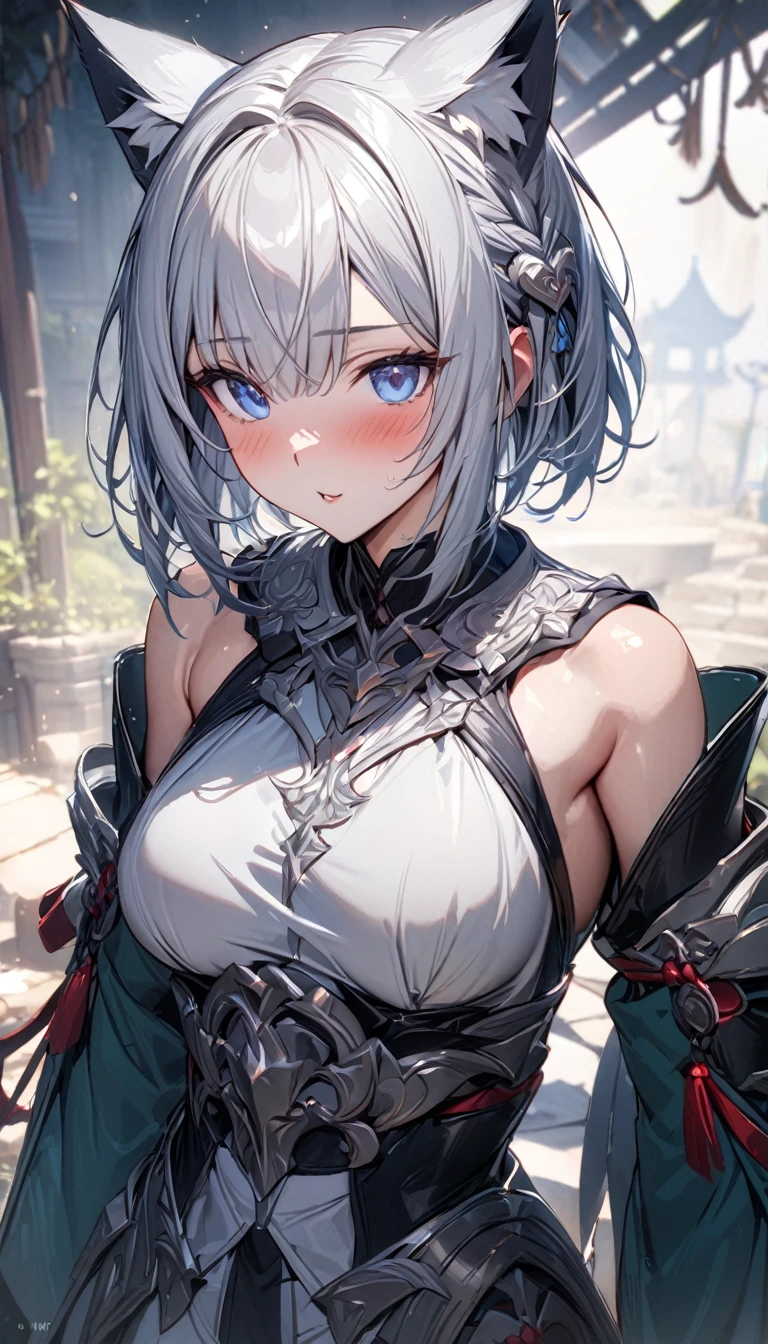 (((best quality)), ((masterpiece)), (details), masterpiece, best quality, high quality, ulutra detailed, perfect face, ((1girl, blue eyes, cat ears: 1.3 silver bob hair: 2.5,)) 、Shiny Hair、Glowing Skin、blush、Lustful look、Four Seasons Eihime、shikieiki、Oriental Project、hell