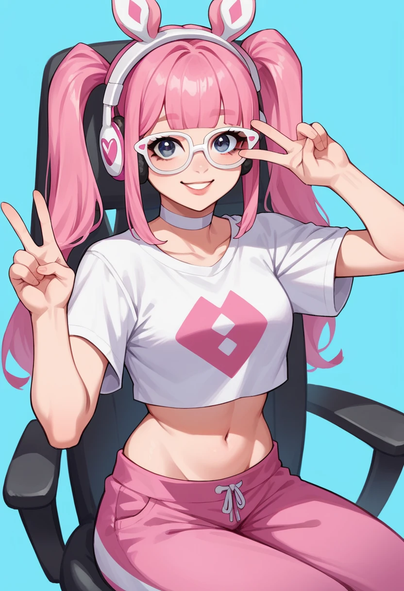 Masterpiece, pink gamer headphones, white gamer headphones, perfect face, smile, vramslace, 1girl, solo, long hair, looking at viewer, pink deer animal ears bangs, shirt, navel, twintails, pink hair, perfect hair, glasses, white choker, midriff, pants, blunt bangs, two-tone hair, lips, crop top, v, blue background, t-shirt, white-framed eyewear, sitting, pink racing chair, white racing chair