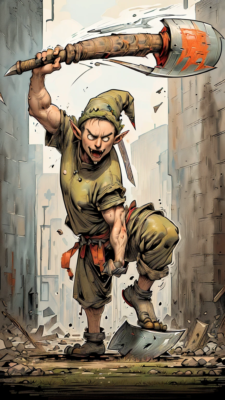 plano general, whole body, Bloom, line art, anatomically perfect:1.4, ((1 elf alone, Cartoon:1.5, malevolent strong and robust, elf clothes, elf hat, an ax in his hand ,dynamic pose, large and sharp fangs:1.5)), fighting stance, looking at the viewer, Scales, (abstract ink splash:1.2), White background