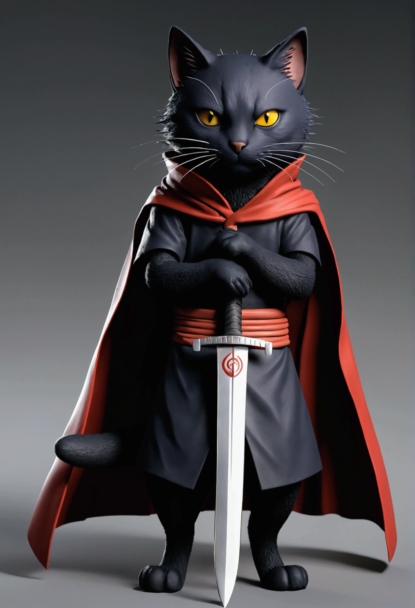 a cat with a sword in his hand, itachi uchiha, itachi, itatchi uchiha, sasuke uchiha, madara uchiha, joker as naruto, akatsuki cape, from naruto, naruto pain, akatsuki akira, sharinggan, hinata hyuga, inspired by Kanō Hōgai. Extremely detailed, Extremely realistic, UHD, 8K, RAW, best photography, best scene,