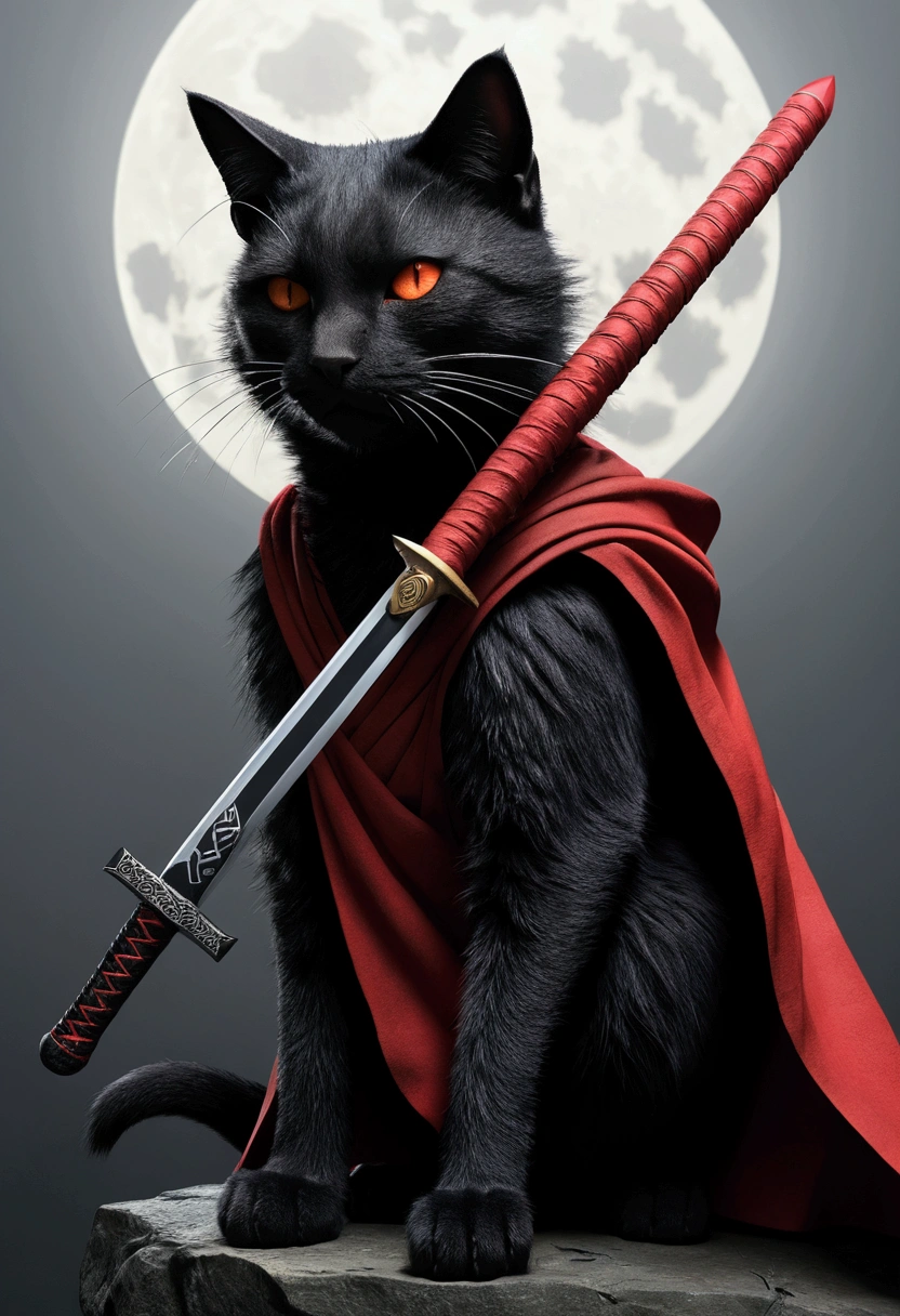 a cat with a sword in his hand, itachi uchiha, itachi, itatchi uchiha, sasuke uchiha, madara uchiha, joker as naruto, akatsuki cape, from naruto, naruto pain, akatsuki akira, sharinggan, hinata hyuga, inspired by Kanō Hōgai. Extremely detailed, Extremely realistic, UHD, 8K, RAW, best photography, best scene,