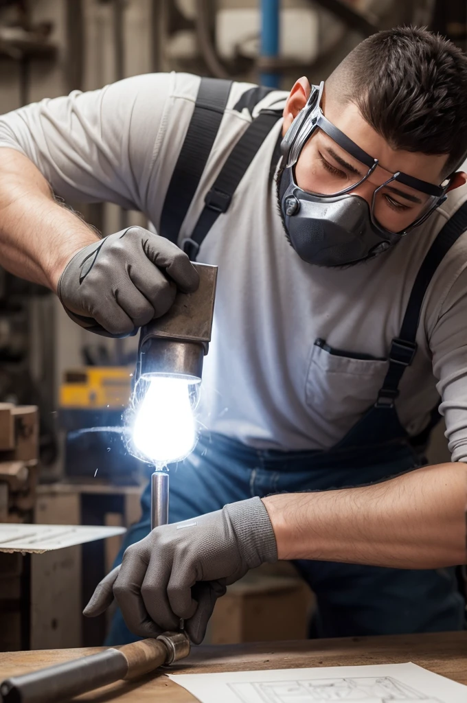 Draw a figure of a man welding a part