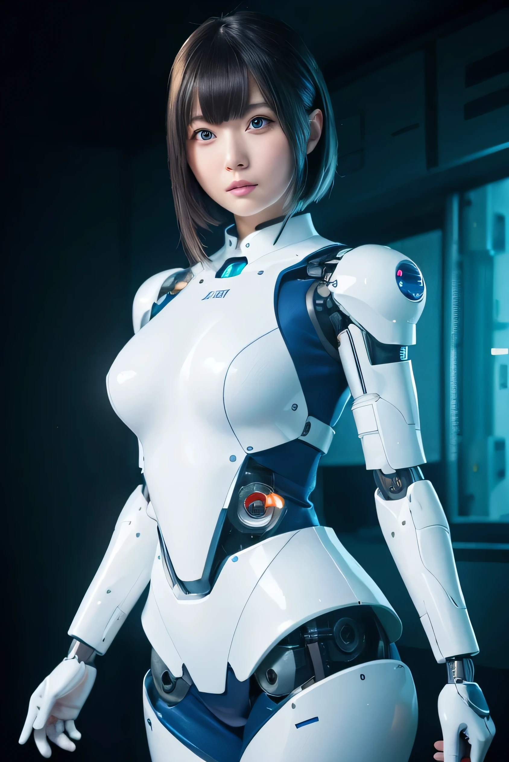 masterpiece, best quality, extremely detailed, Japanese android girl,Plump ,control panels,robot arms,robot,android,cyborg,white robot body,ceramic body,perfect robotgirl,blunt bangs,blue dress,blue eyes