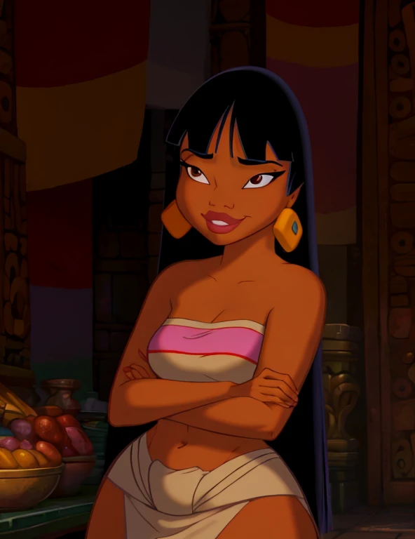 masterpiece, best quality,
1girl, chel, black hair, long hair, blunt bangs, brown eyes, dark skin, lipstick, tube top, cleavage, bare shoulders, earrings,
smile, upper body, solo, looking at viewer, market background